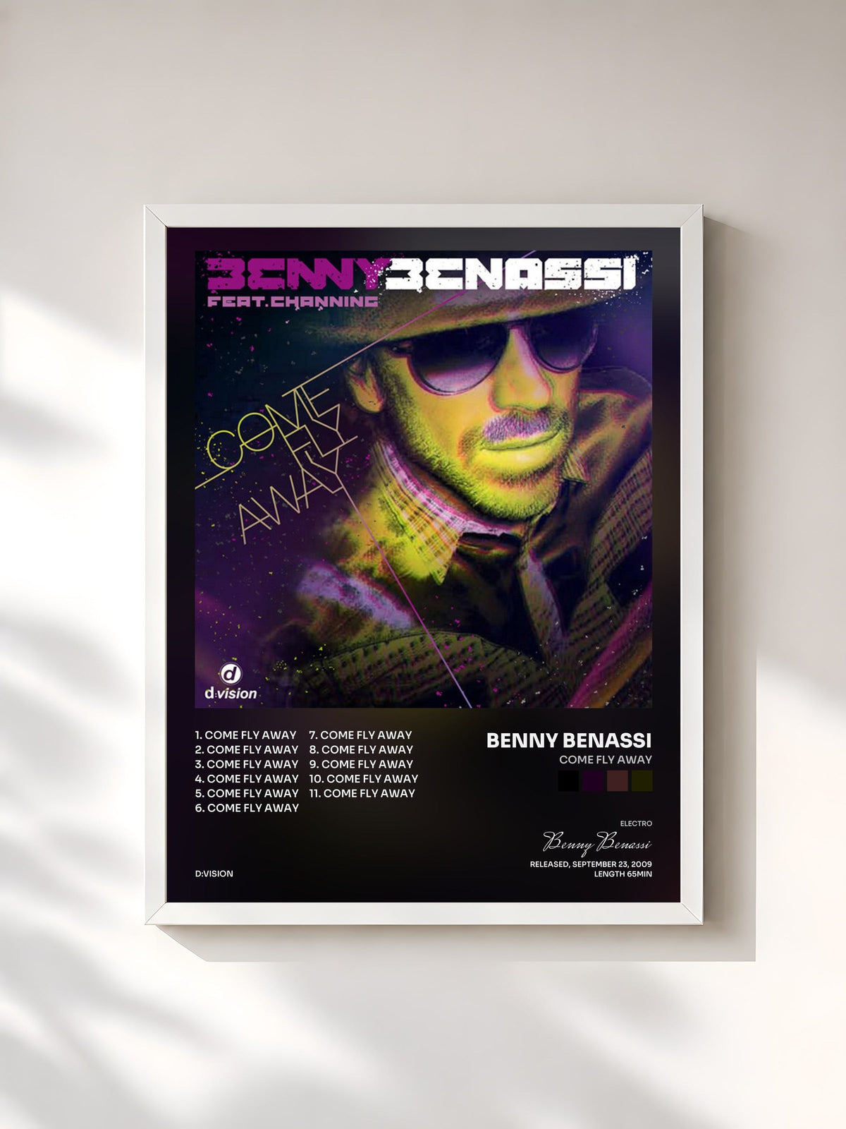 #blanc Tableau de l'album Come Fly Away de Benny Benassi, cadre blanc, imprimé et encadré en France