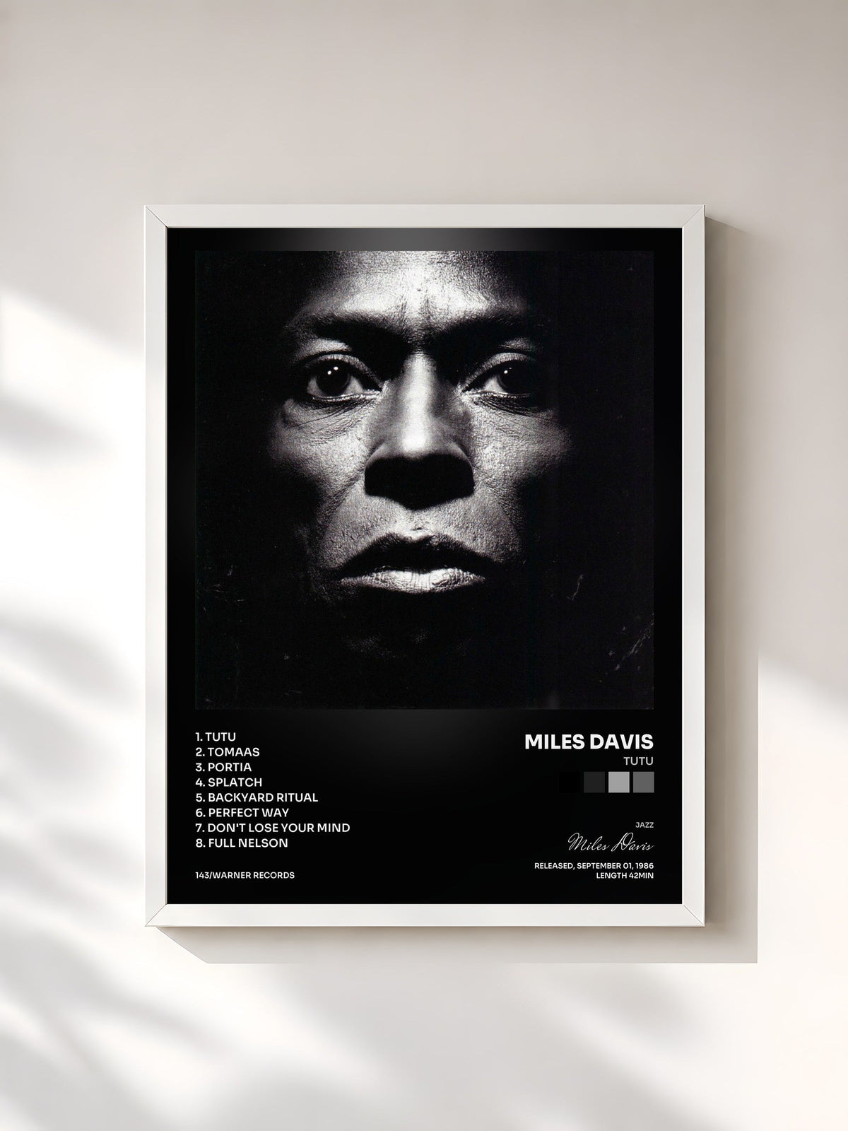 #blanc Tableau de l'album Tutu de Miles Davis, cadre blanc, imprimé et encadré en France