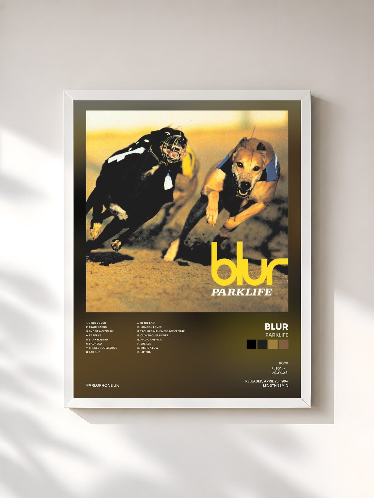 #blanc Tableau de l'album Parklife de Blur, cadre blanc, imprimé et encadré en France