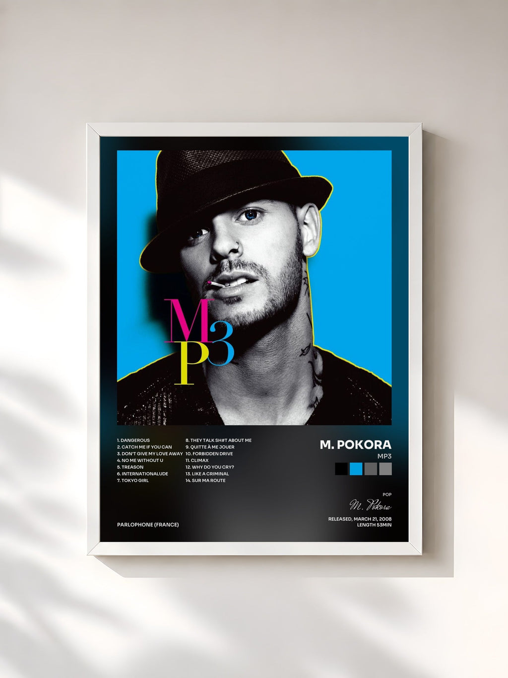 #blanc Tableau de l'album Mp3 de M. Pokora, cadre blanc, imprimé et encadré en France