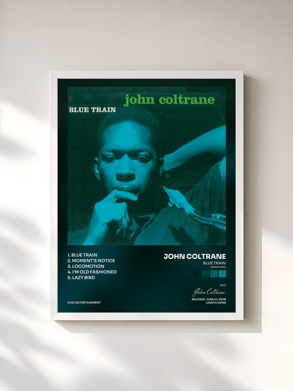 #blanc Tableau de l'album Blue Train (Remastered) de John Coltrane, cadre blanc, imprimé et encadré en France