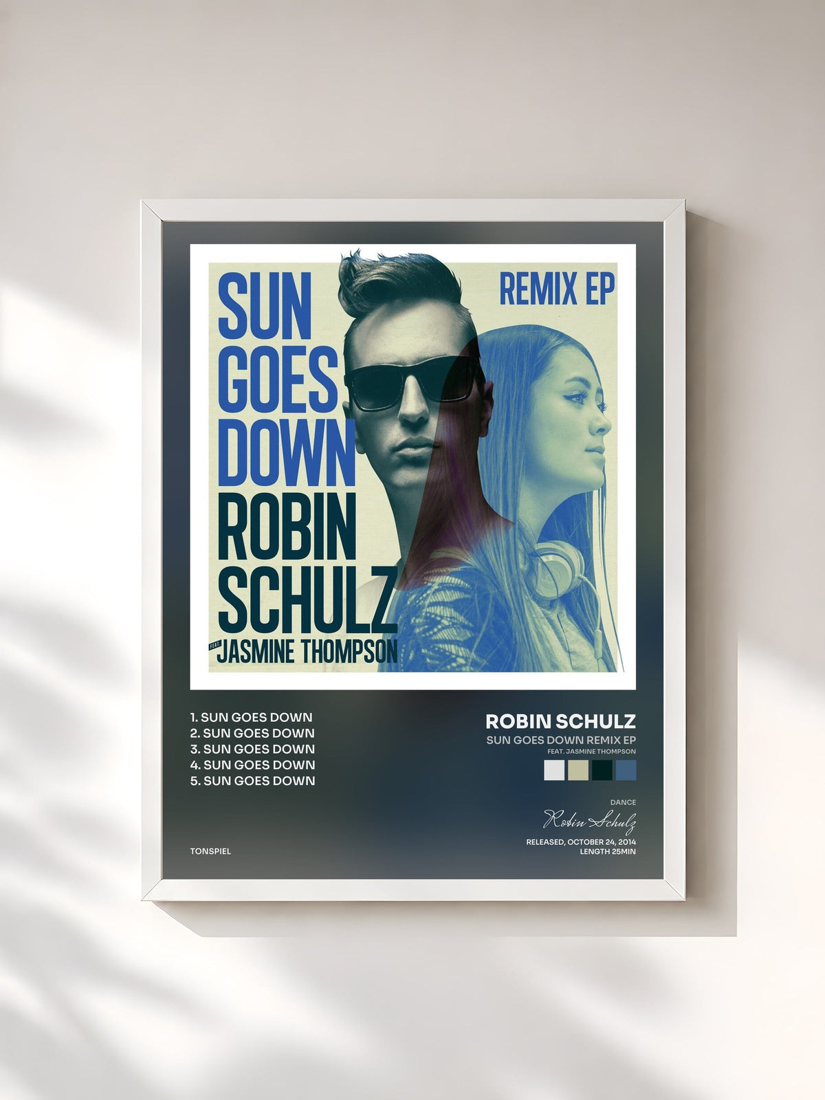 #blanc Tableau de l'album Sun Goes Down Remix EP (feat. Jasmine Thompson) de Robin Schulz, cadre blanc, imprimé et encadré en France