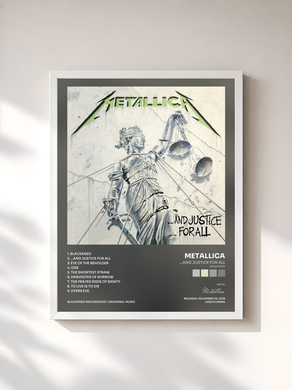 #blanc Tableau de l'album …And Justice for All (Remastered) de Metallica, cadre blanc, imprimé et encadré en France