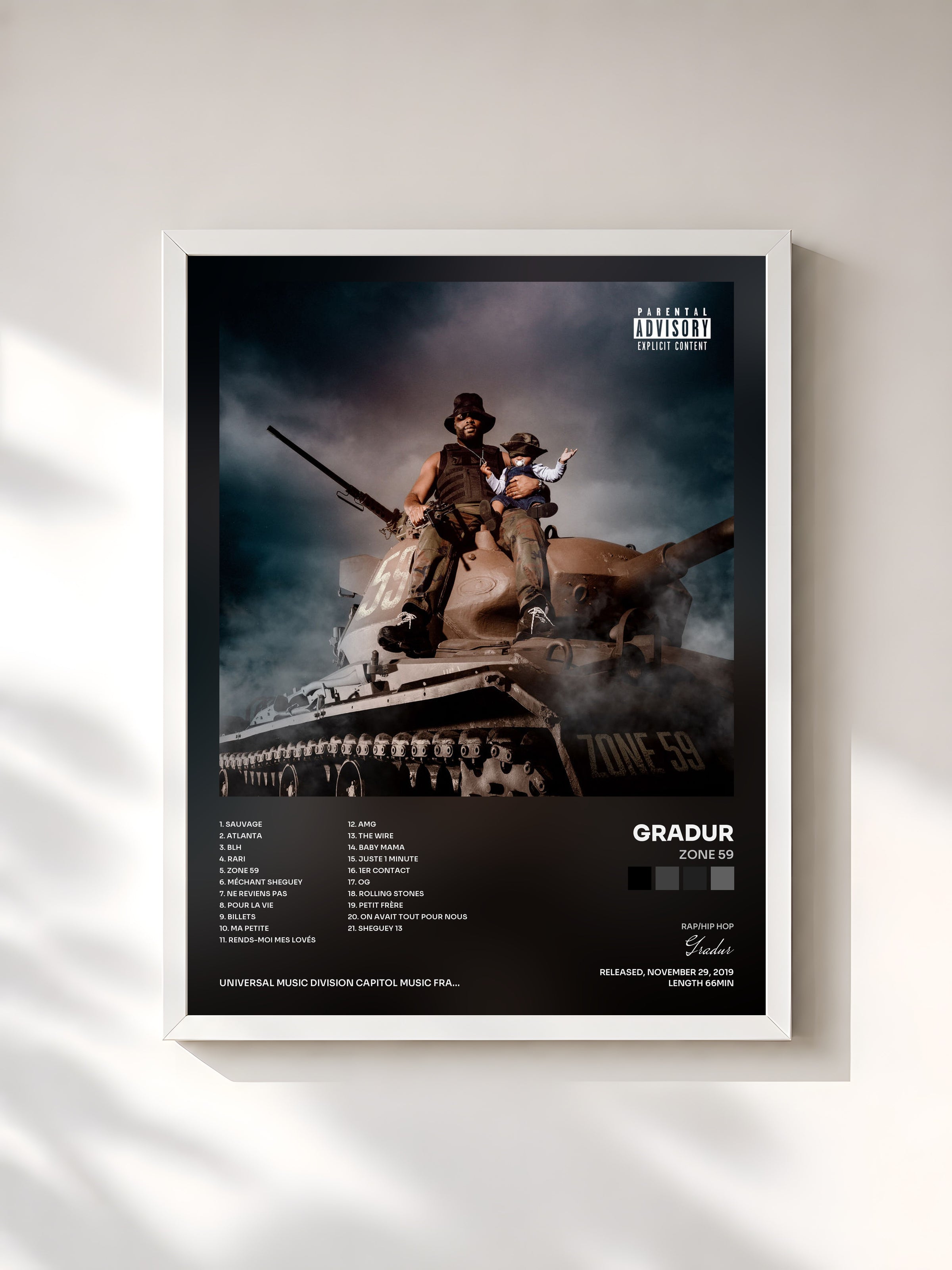 #blanc Tableau de l'album Zone 59 de Gradur, cadre blanc, imprimé et encadré en France