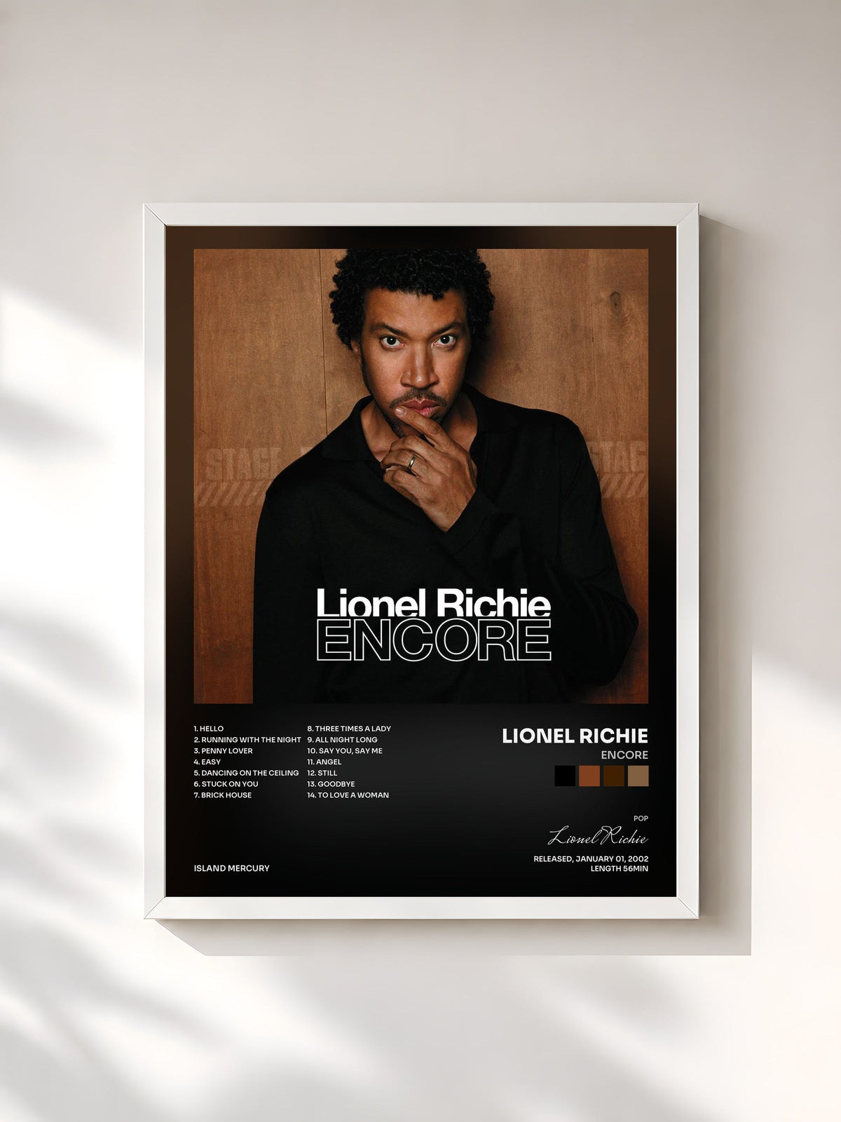 #blanc Tableau de l'album Encore de Lionel Richie, cadre blanc, imprimé et encadré en France