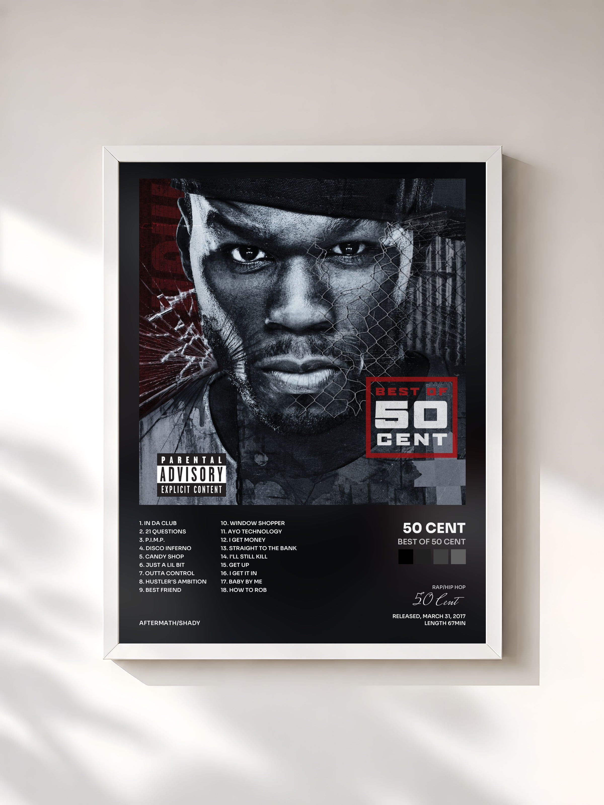 #blanc Tableau de l'album Best Of 50 Cent de 50 Cent, cadre blanc, imprimé et encadré en France
