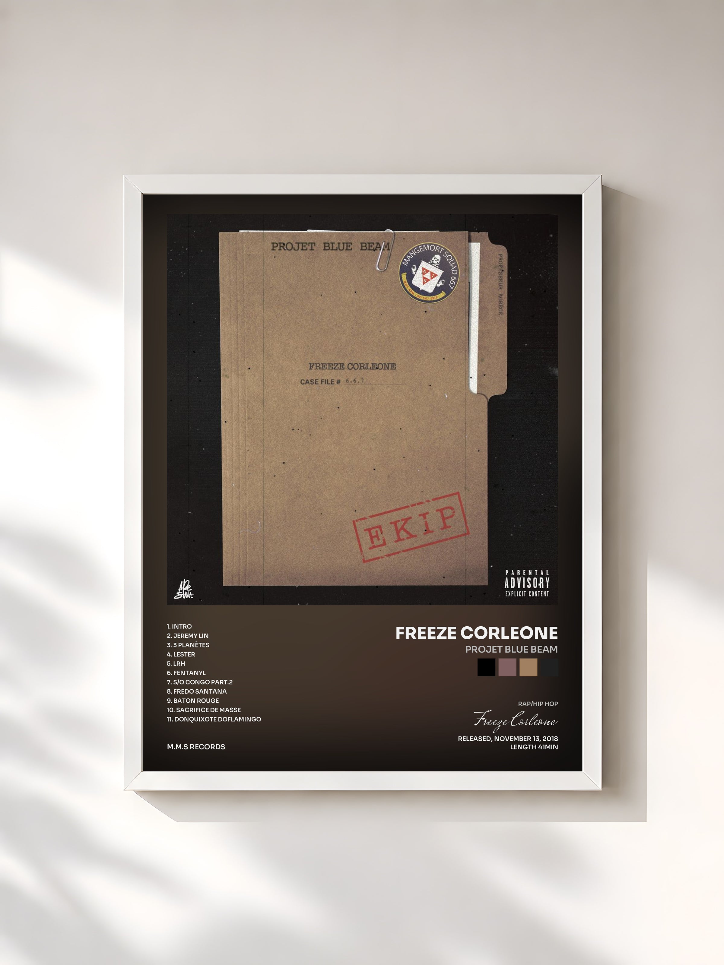 #blanc Tableau de l'album Projet Blue Beam de Freeze Corleone, cadre blanc, imprimé et encadré en France