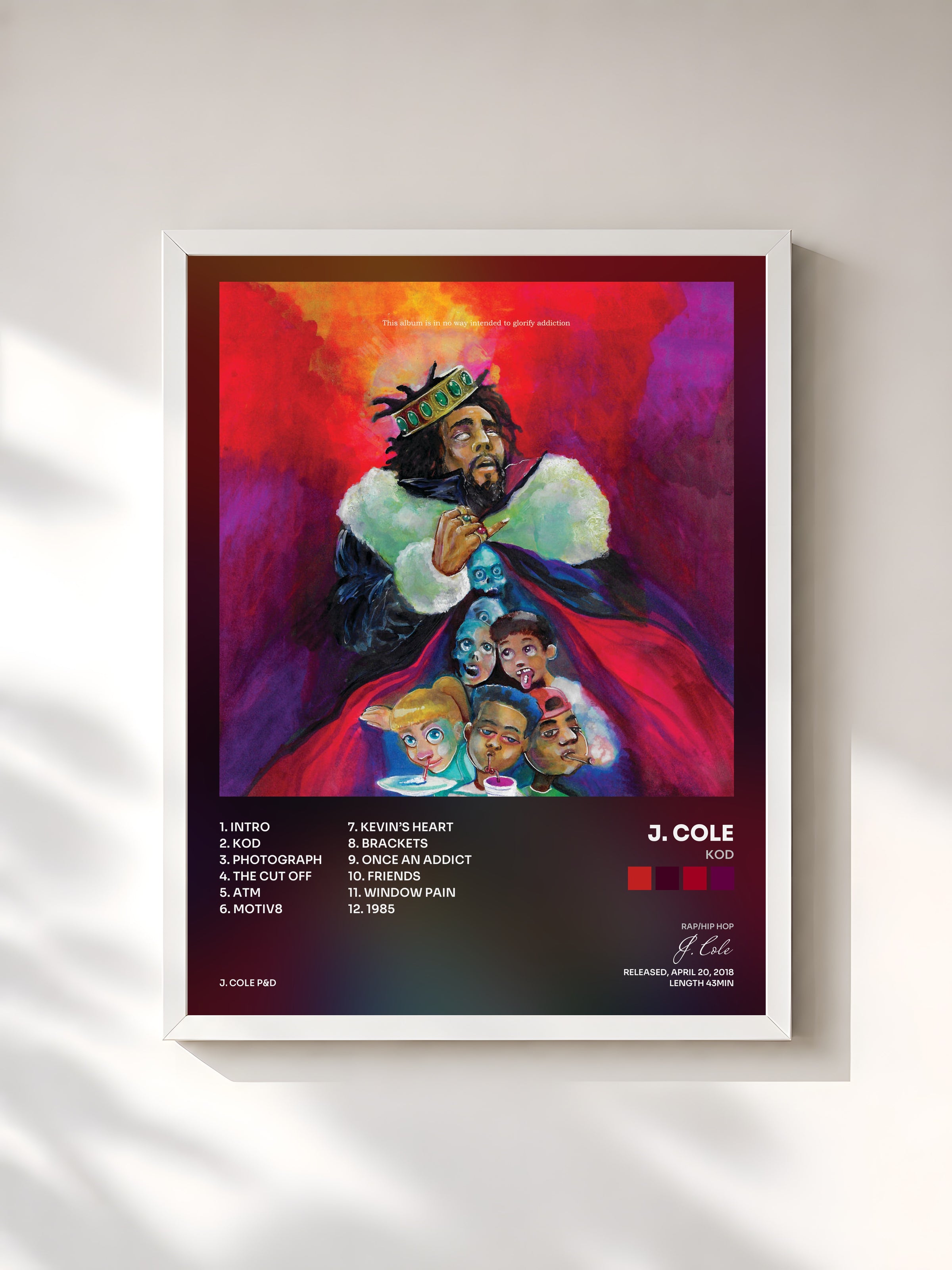 #blanc Tableau de l'album KOD de J. Cole, cadre blanc, imprimé et encadré en France