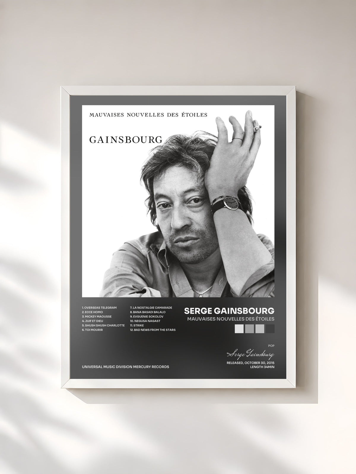 #blanc Tableau de l'album Mauvaises nouvelles des étoiles de Serge Gainsbourg, cadre blanc, imprimé et encadré en France