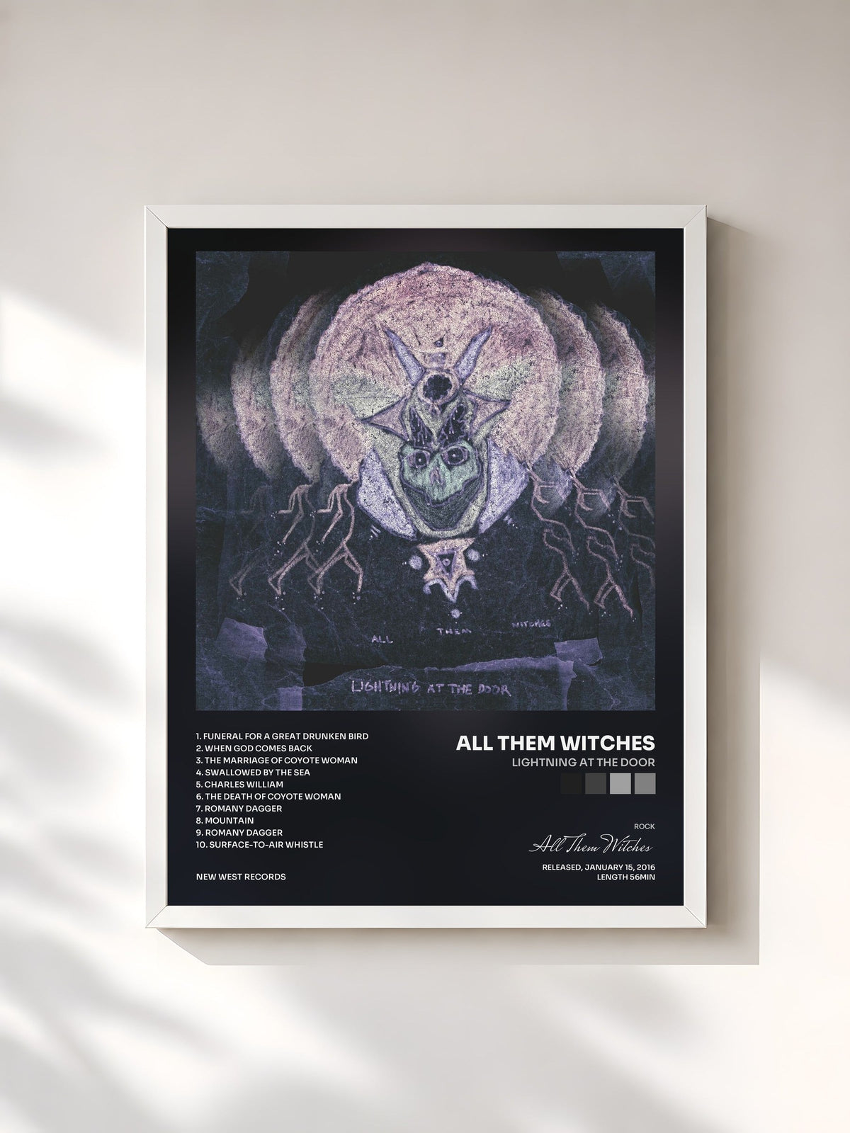 #blanc Tableau de l'album Lightning at the Door de All Them Witches, cadre blanc, imprimé et encadré en France