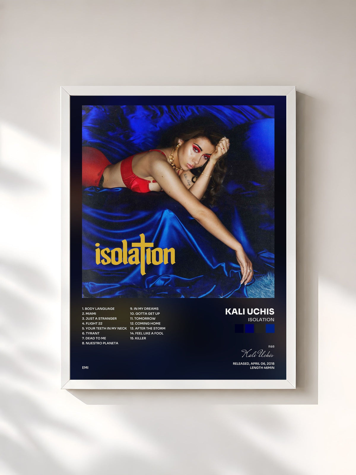 #blanc Tableau de l'album Isolation de Kali Uchis, cadre blanc, imprimé et encadré en France