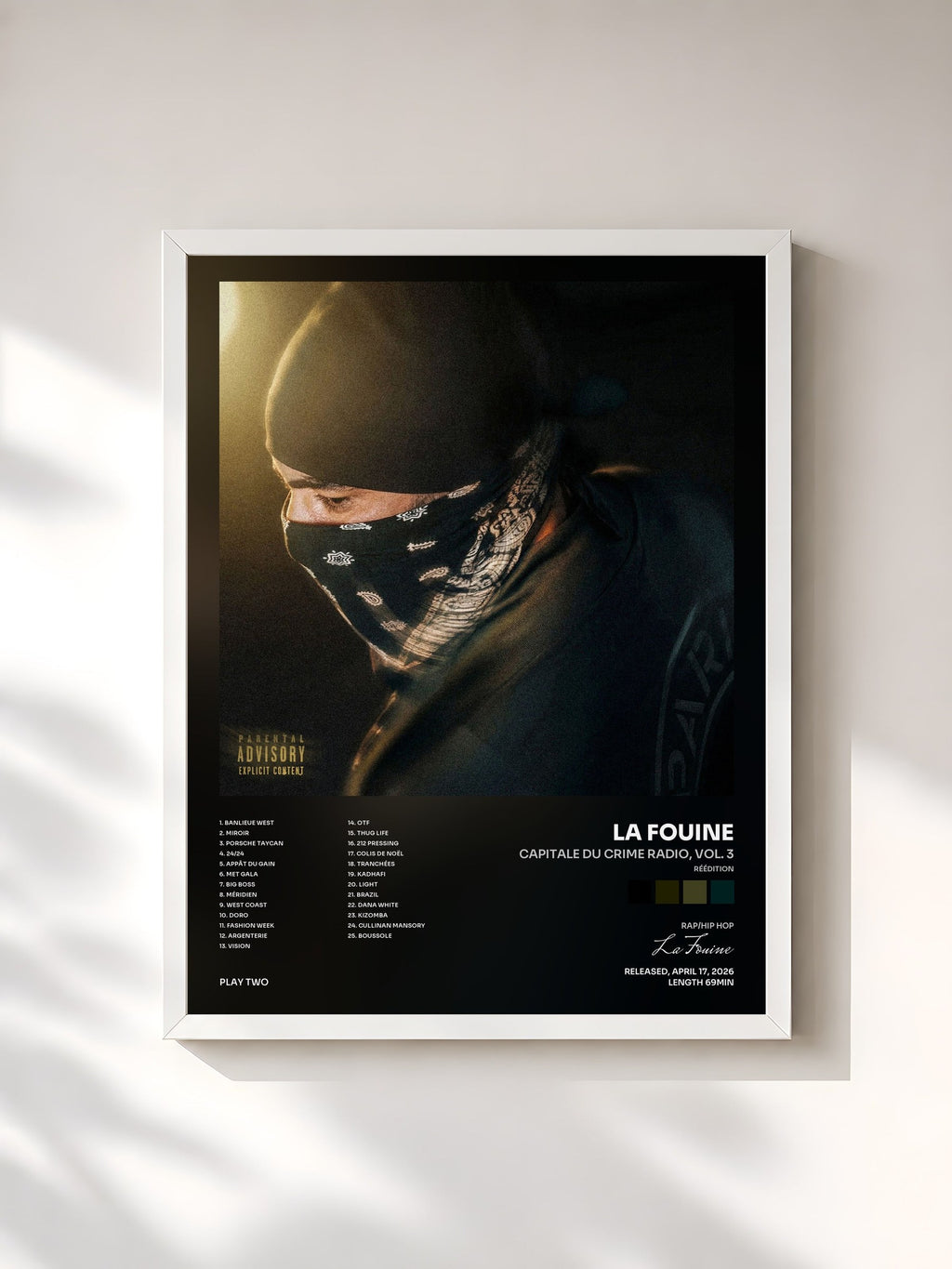 #blanc Tableau de l'album CAPITALE DU CRIME RADIO, vol. 3 (Réédition) de La Fouine, cadre blanc, imprimé et encadré en France