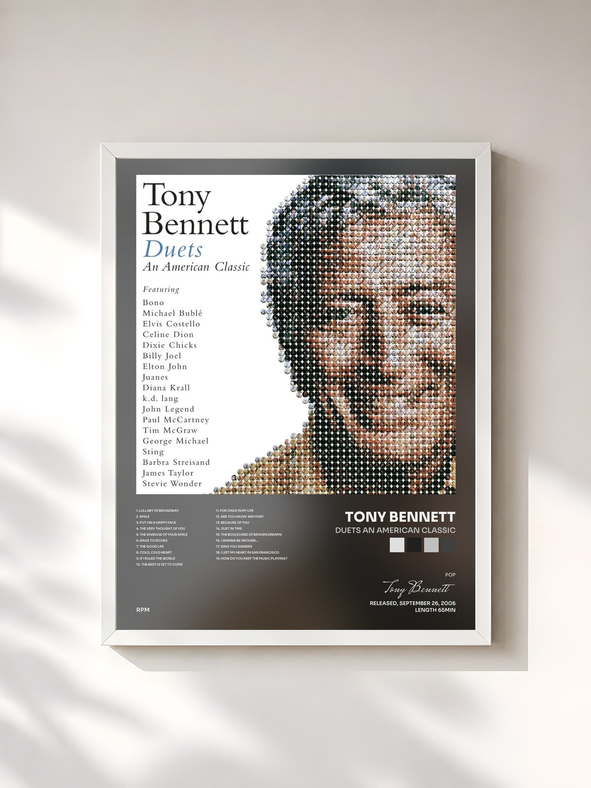 #blanc Tableau de l'album Duets An American Classic de Tony Bennett, cadre blanc, imprimé et encadré en France