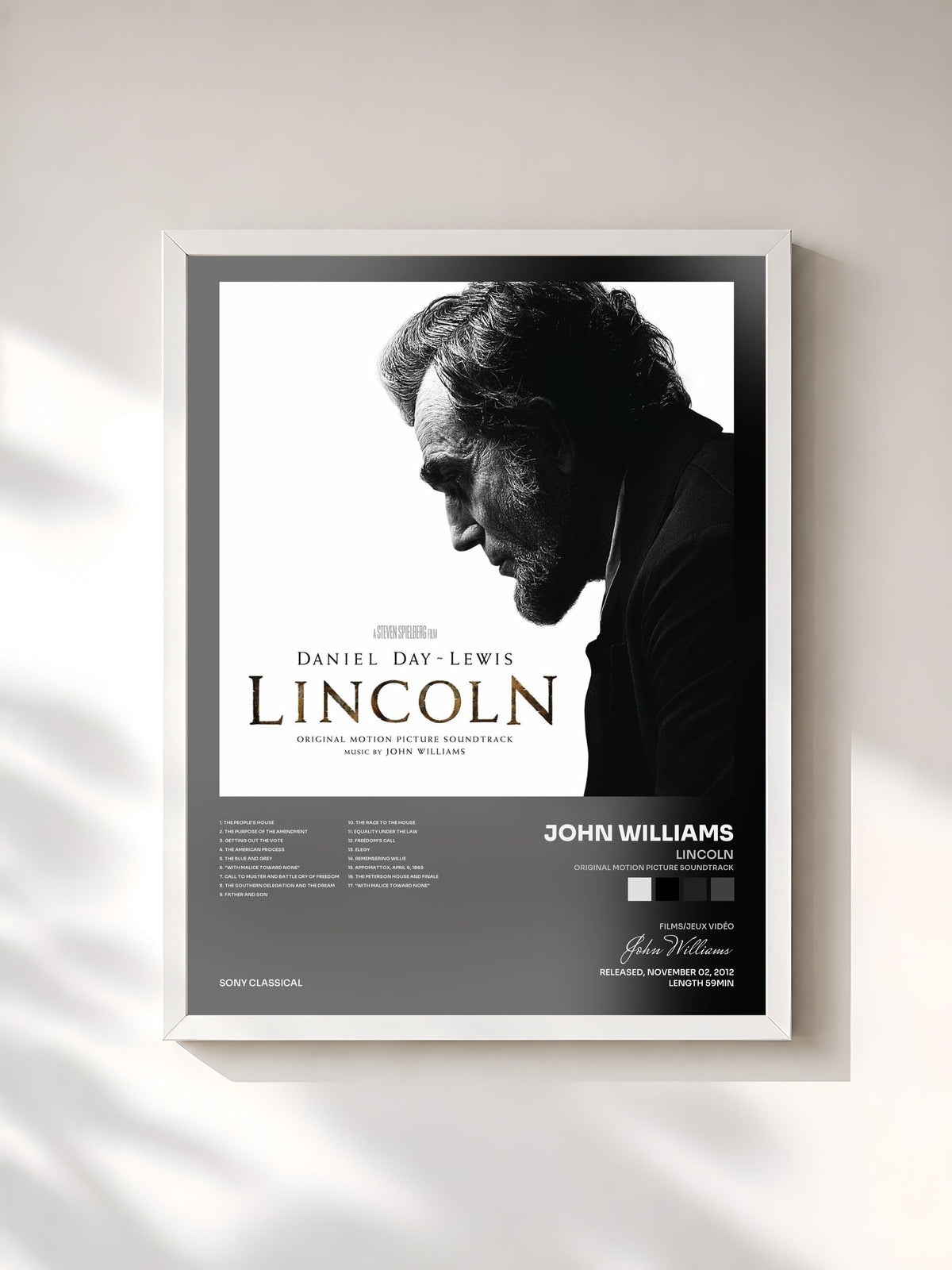 #blanc Tableau de l'album Lincoln (Original Motion Picture Soundtrack) de John Williams, cadre blanc, imprimé et encadré en France