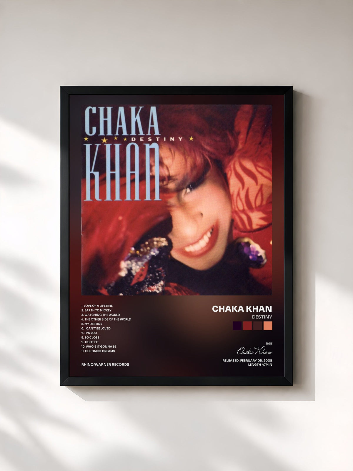 #noir Tableau de l'album Destiny de Chaka Khan, cadre noir, imprimé et encadré en France