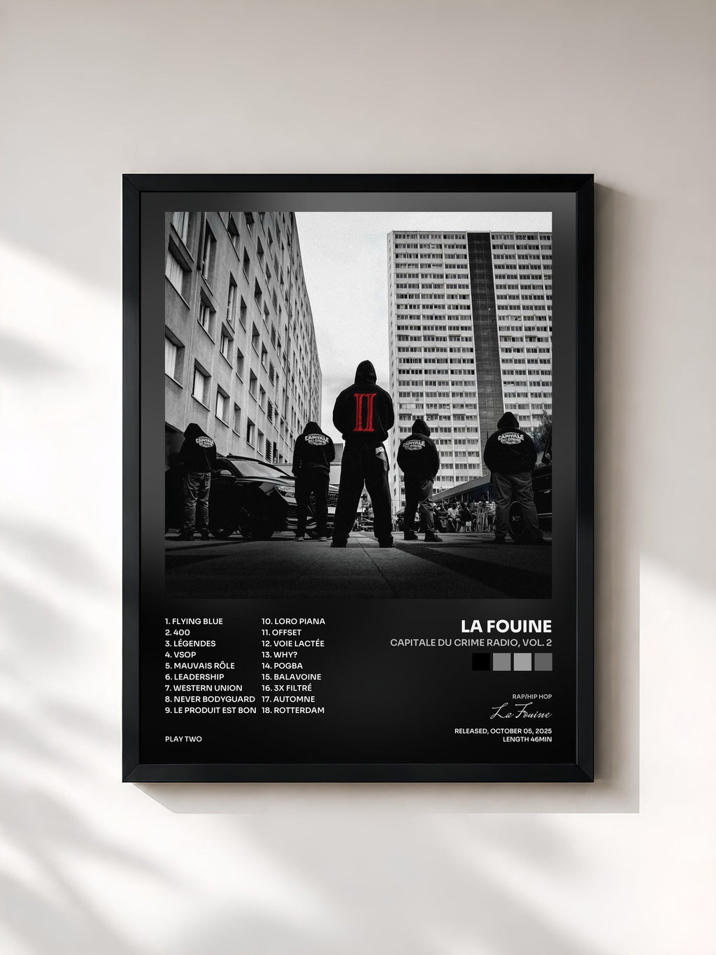 #noir Tableau de l'album CAPITALE DU CRIME RADIO, vol. 2 de La Fouine, cadre noir, imprimé et encadré en France