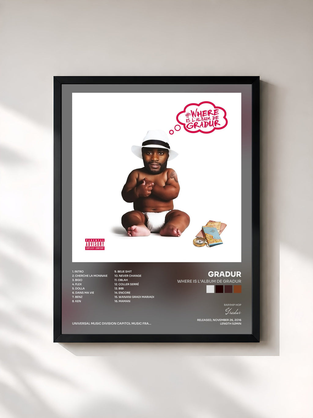 #noir Where Is l'album de Gradur de Gradur en lámina enmarcada, marco negro, impresa y enmarcada en Francia