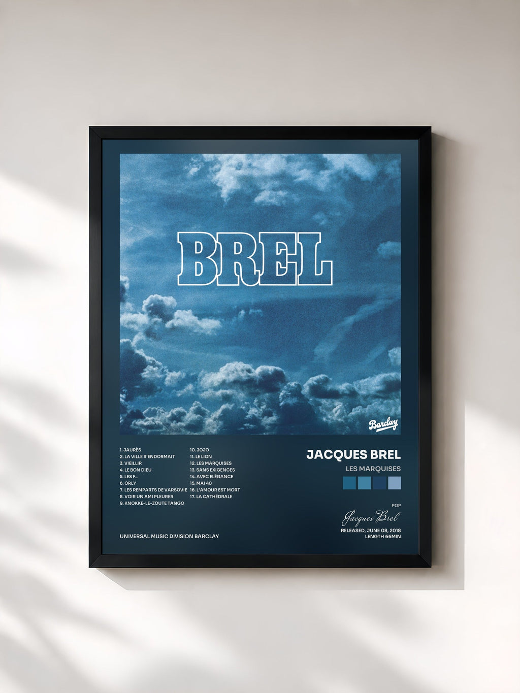 #noir Tableau de l'album Les marquises de Jacques Brel, cadre noir, imprimé et encadré en France