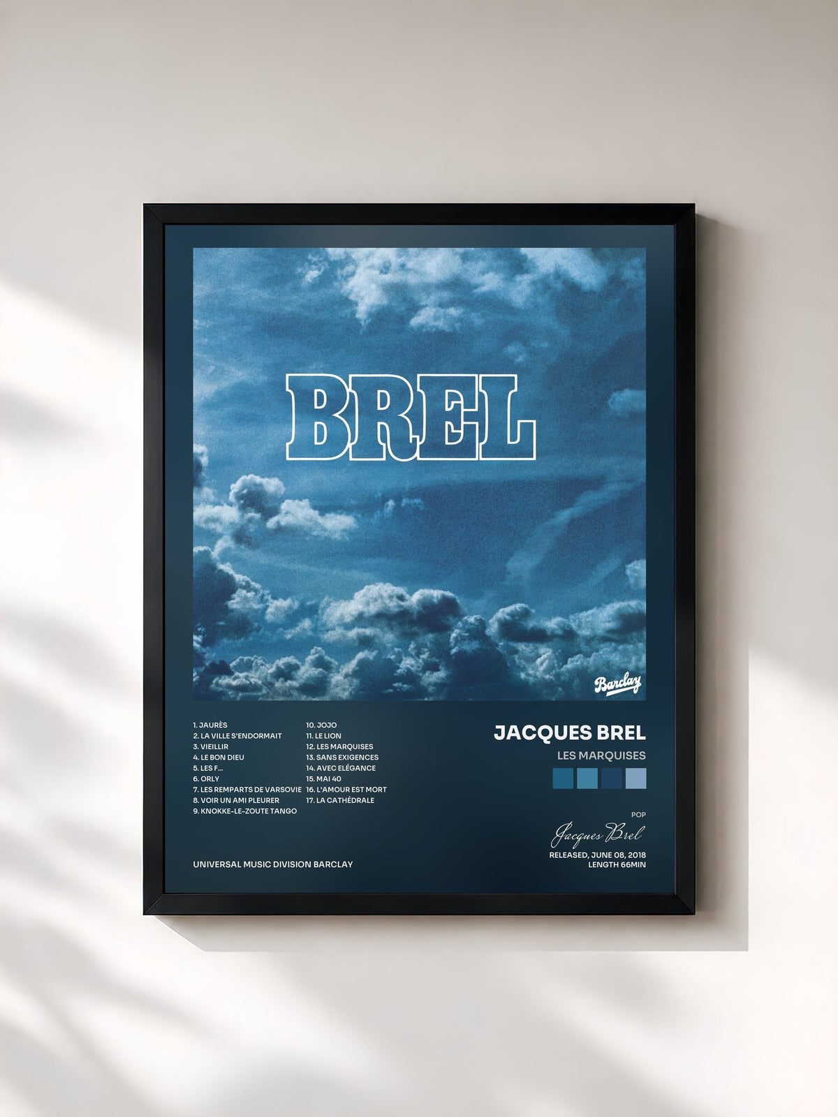 #noir Tableau de l'album Les marquises de Jacques Brel, cadre noir, imprimé et encadré en France