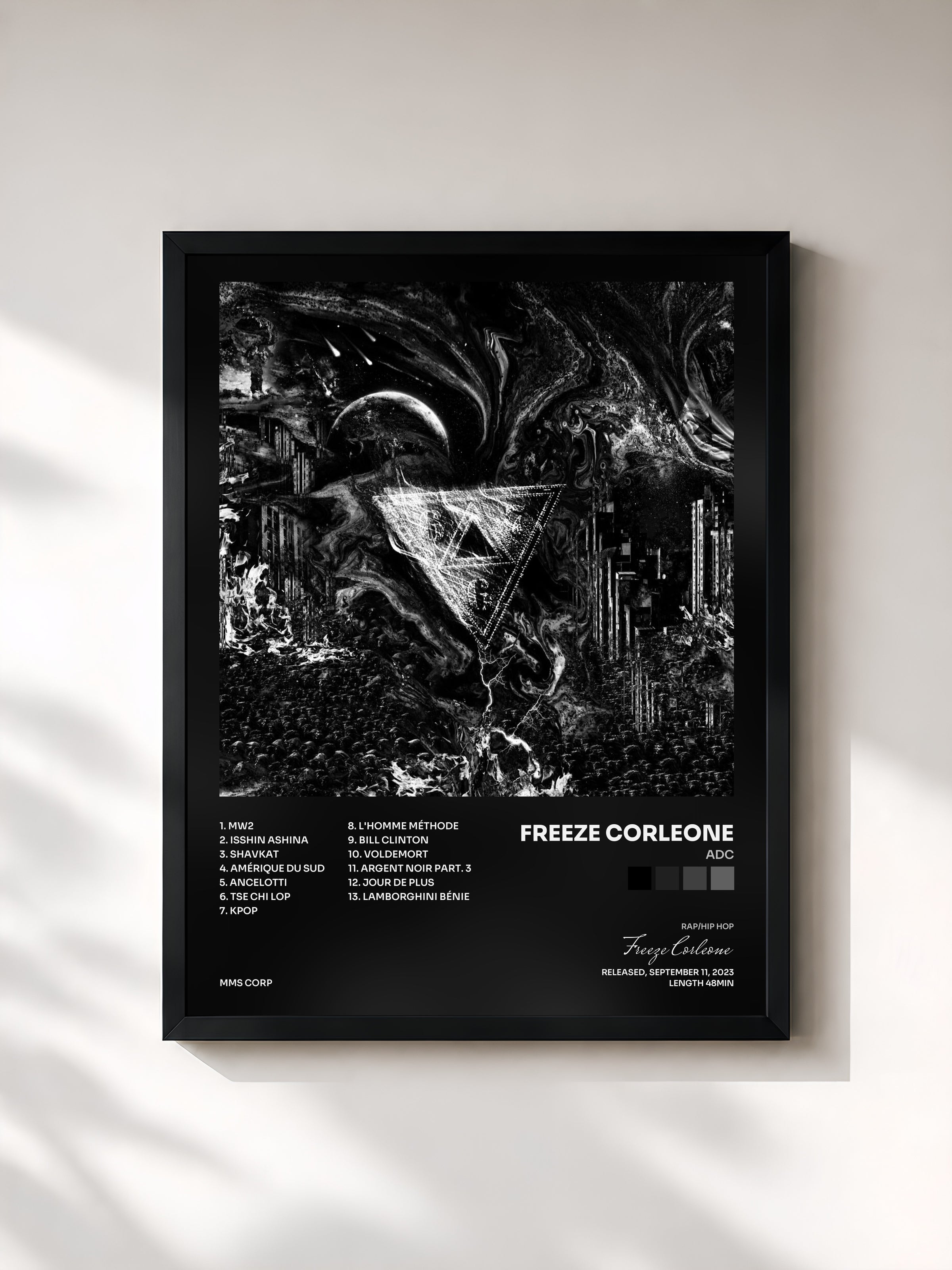 #noir Tableau de l'album ADC de Freeze Corleone, cadre noir, imprimé et encadré en France