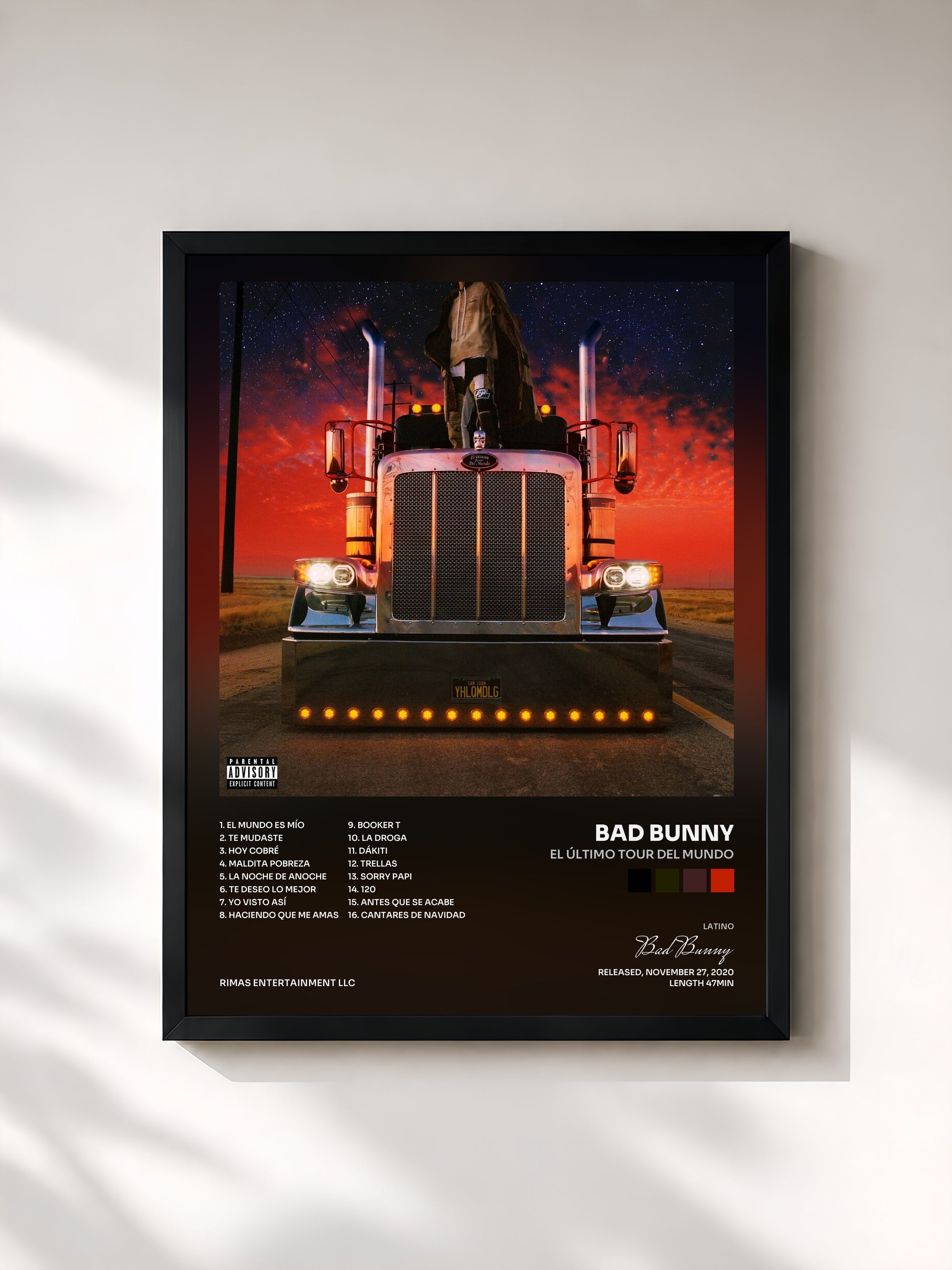 #noir EL ÚLTIMO TOUR DEL MUNDO by Bad Bunny as a framed art print, black frame, printed and framed in France