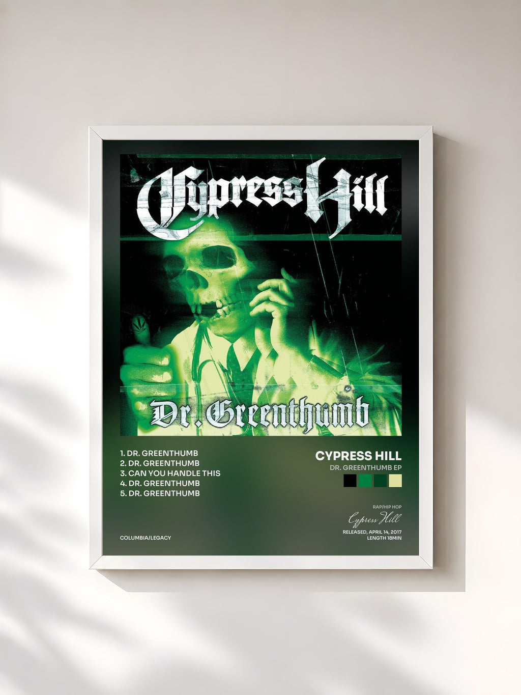 #blanc Dr. Greenthumb EP de Cypress Hill en lámina enmarcada, marco blanco, impresa y enmarcada en Francia