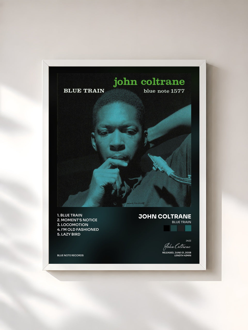 #blanc Blue Train by John Coltrane as a framed art print, white frame, printed and framed in France