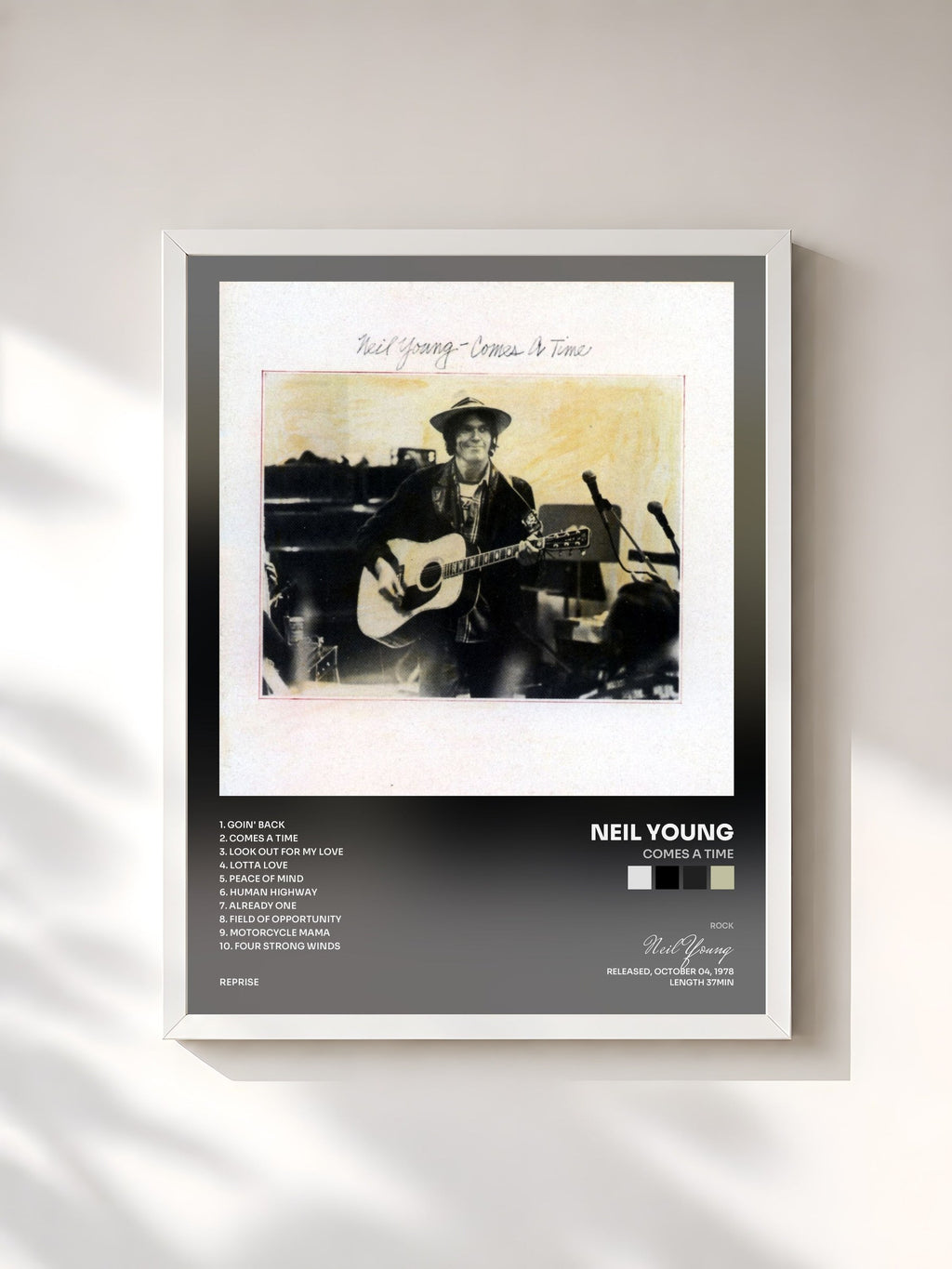 #blanc Tableau de l'album Comes a Time de Neil Young, cadre blanc, imprimé et encadré en France