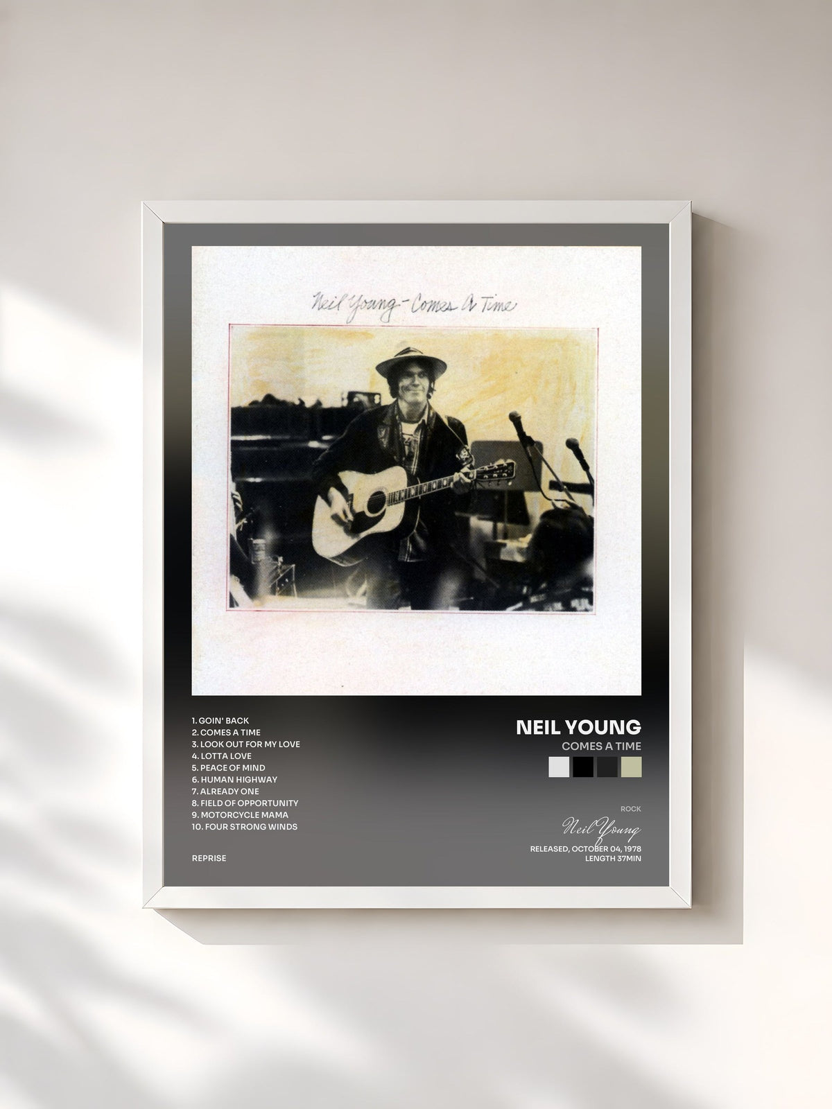 #blanc Tableau de l'album Comes a Time de Neil Young, cadre blanc, imprimé et encadré en France