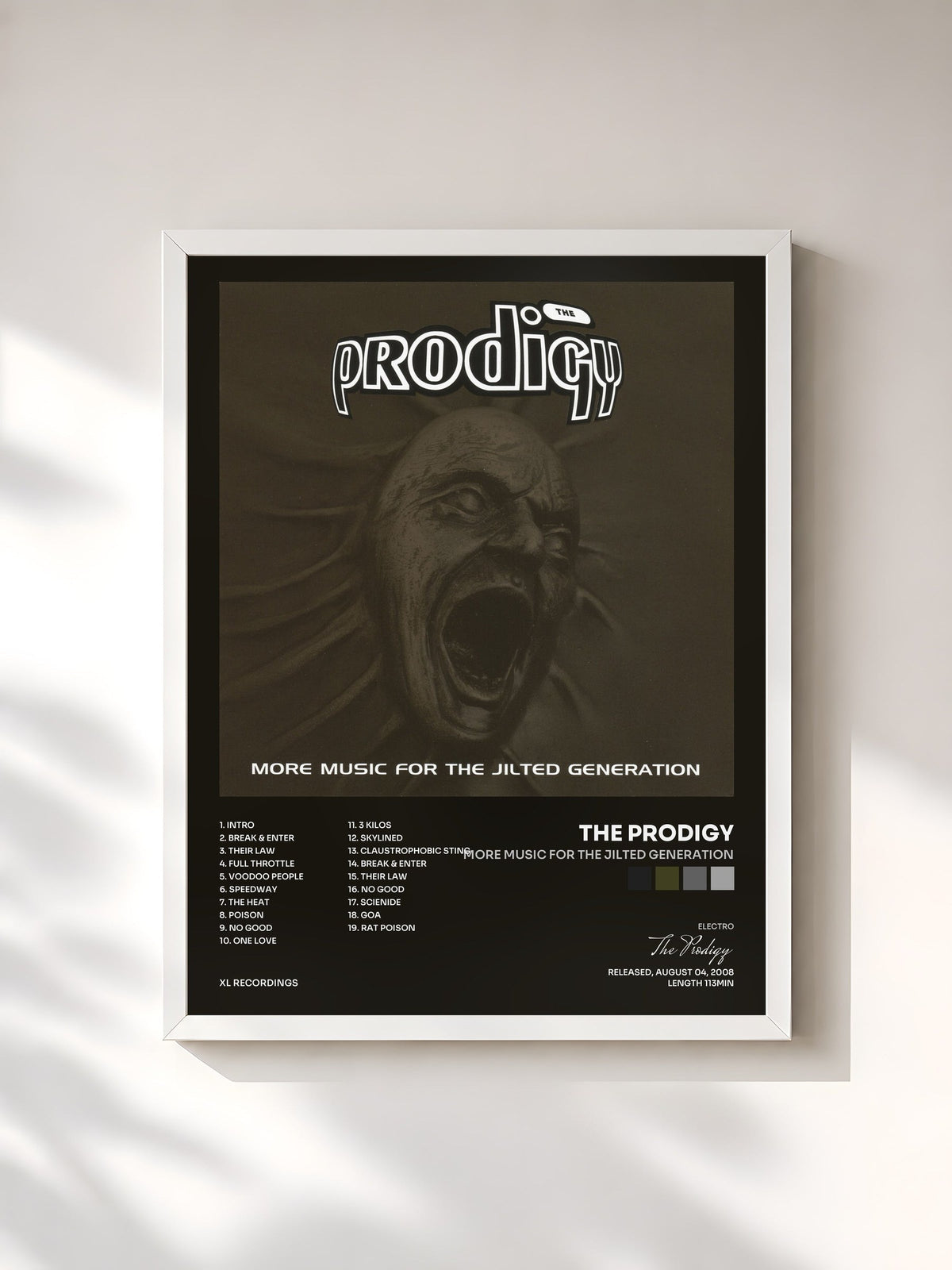 #blanc Tableau de l'album More Music for the Jilted Generation de The Prodigy, cadre blanc, imprimé et encadré en France