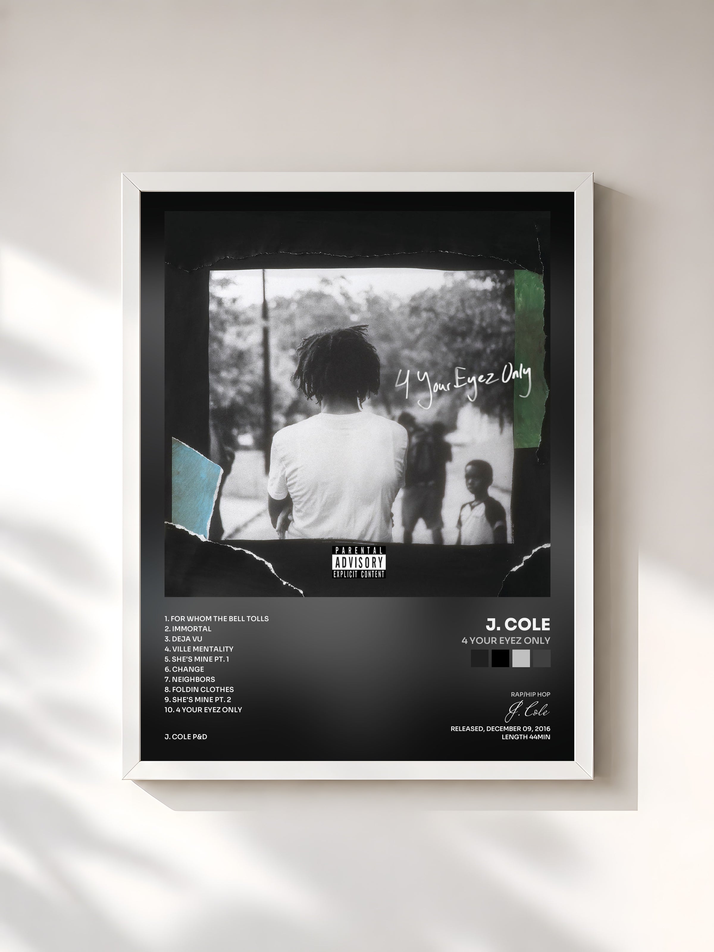 #blanc Tableau de l'album 4 Your Eyez Only de J. Cole, cadre blanc, imprimé et encadré en France