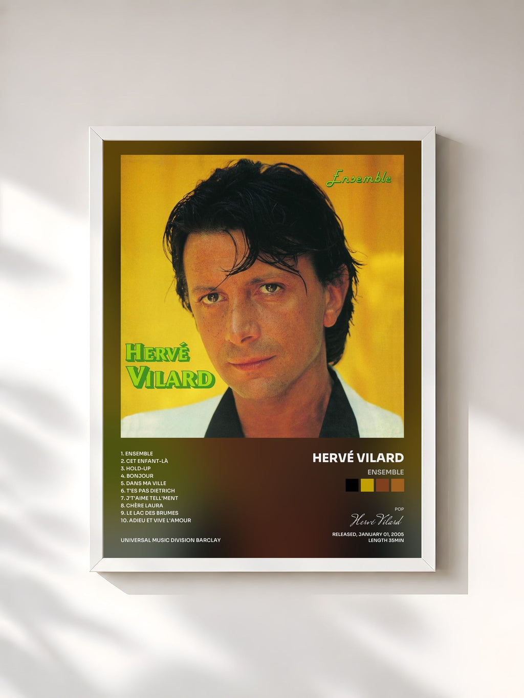 #blanc Tableau de l'album Ensemble de Hervé Vilard, cadre blanc, imprimé et encadré en France