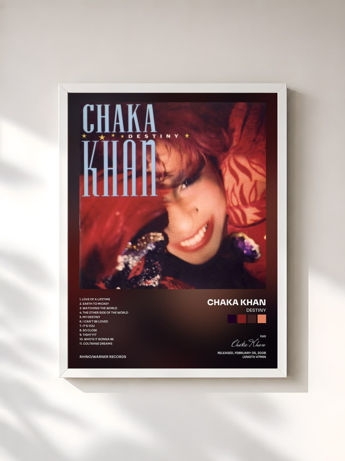 #blanc Tableau de l'album Destiny de Chaka Khan, cadre blanc, imprimé et encadré en France