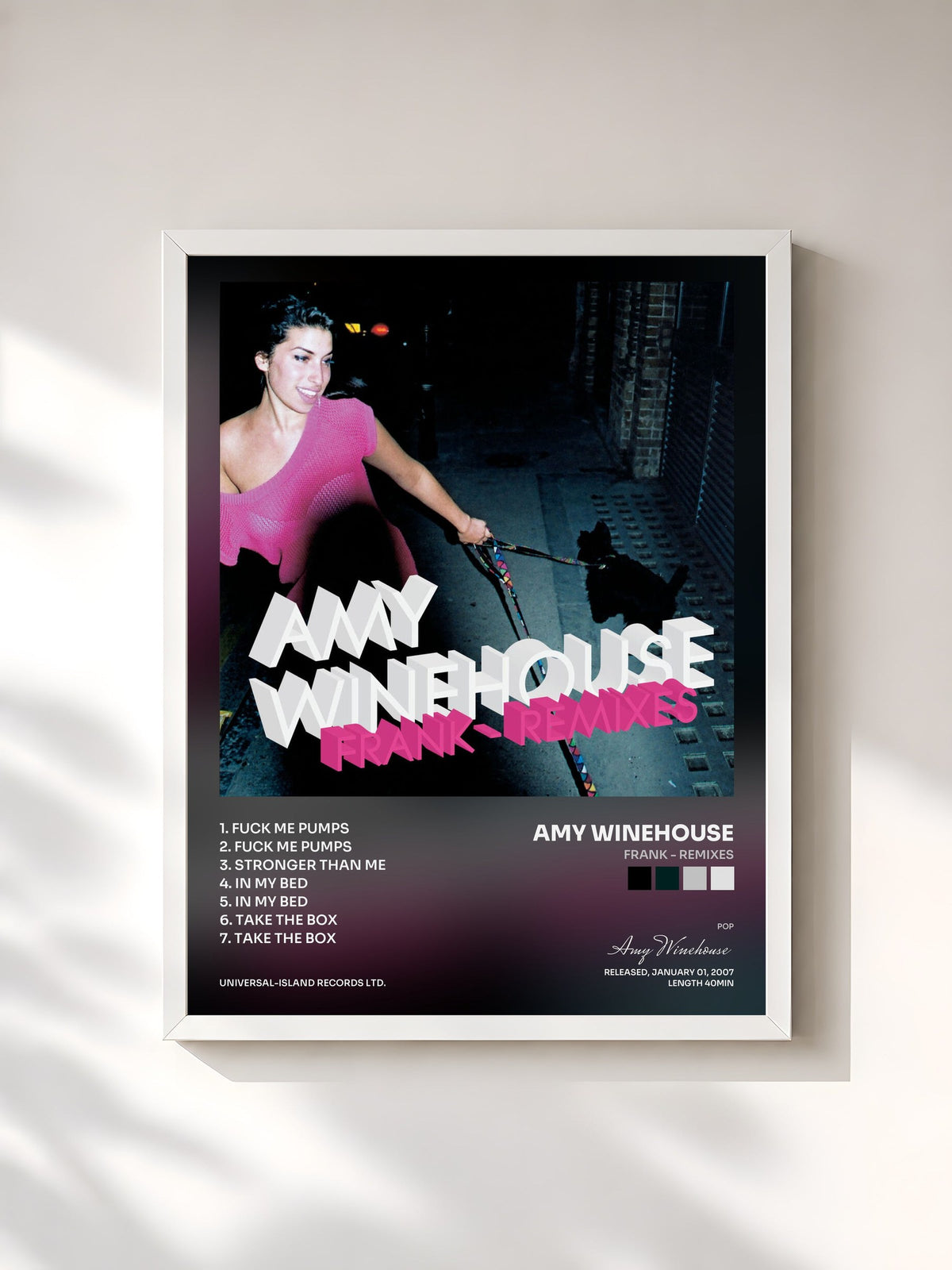 #blanc Tableau de l'album Frank - Remixes de Amy Winehouse, cadre blanc, imprimé et encadré en France