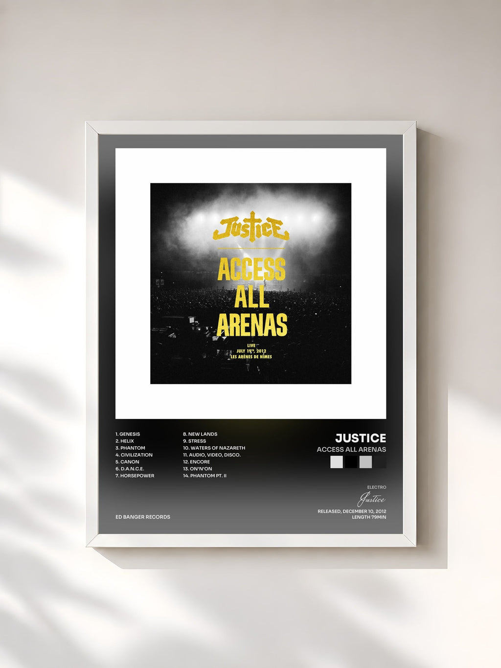 #blanc Tableau de l'album Access All Arenas de Justice, cadre blanc, imprimé et encadré en France