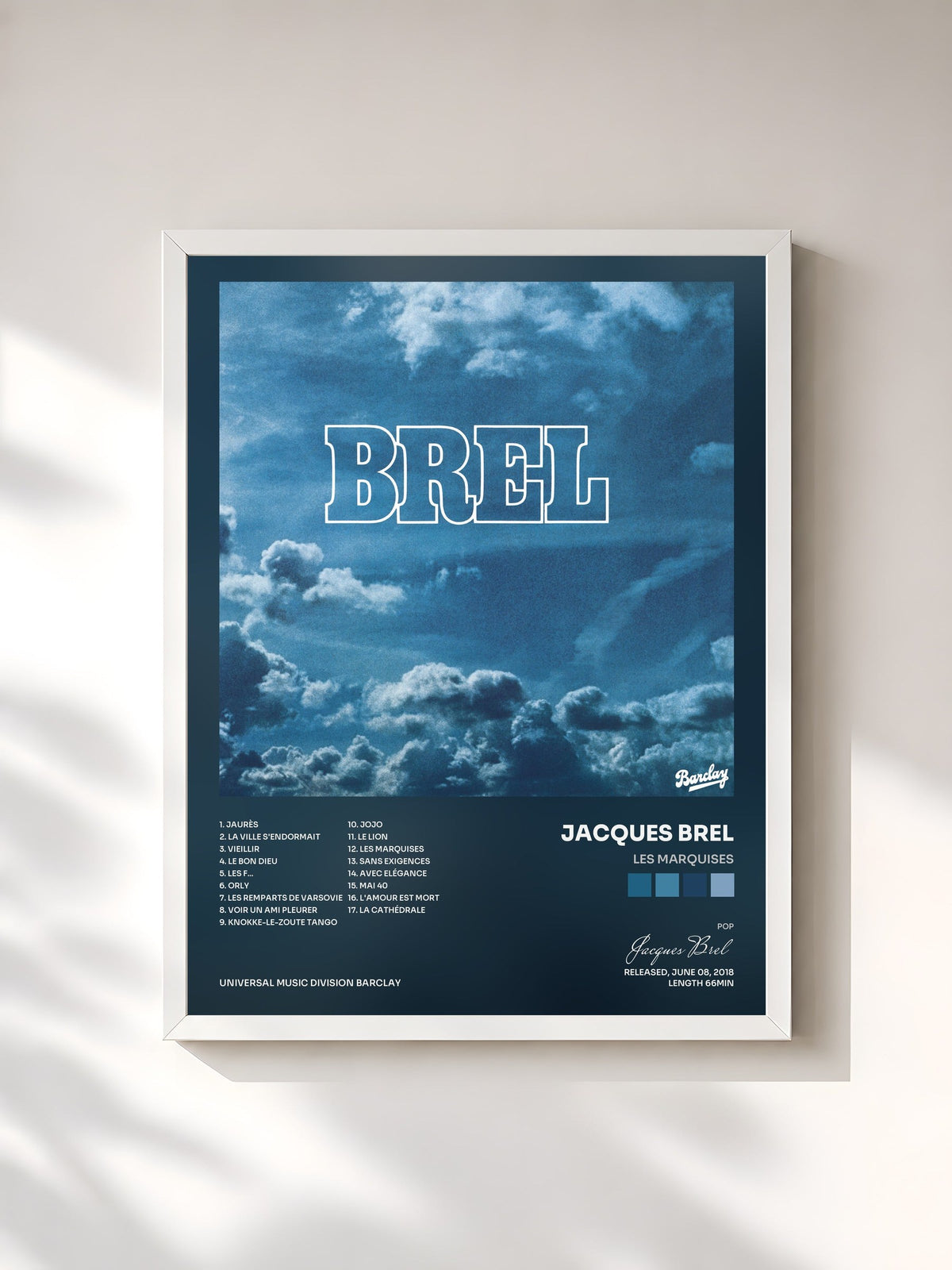 #blanc Tableau de l'album Les marquises de Jacques Brel, cadre blanc, imprimé et encadré en France