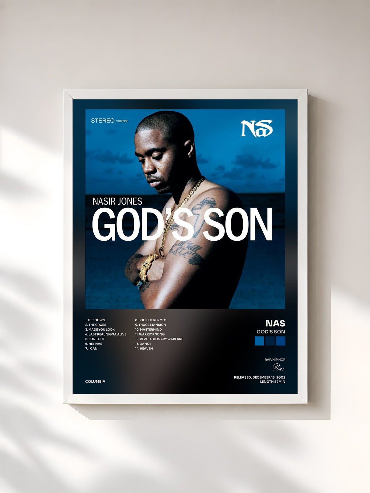 #blanc Tableau de l'album God's Son de Nas, cadre blanc, imprimé et encadré en France