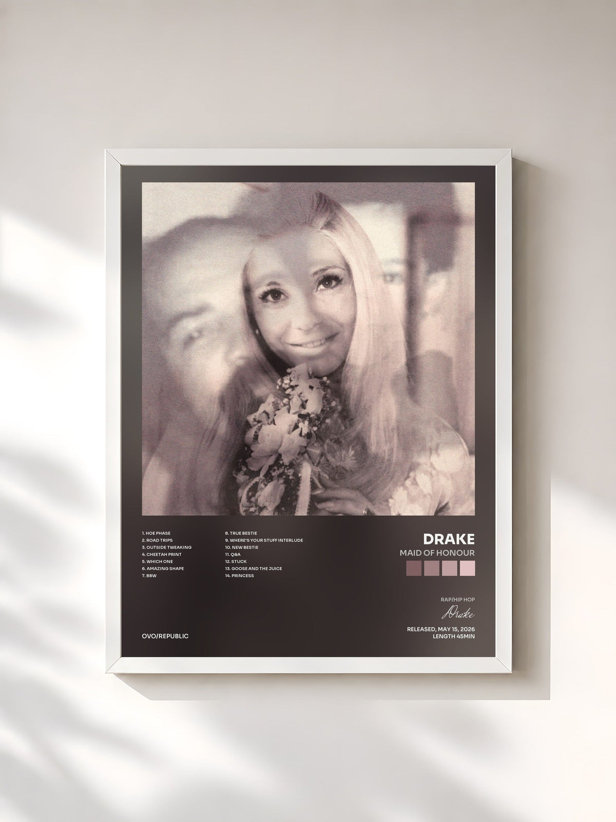 #blanc Tableau de l'album MAID OF HONOUR de Drake, cadre blanc, imprimé et encadré en France