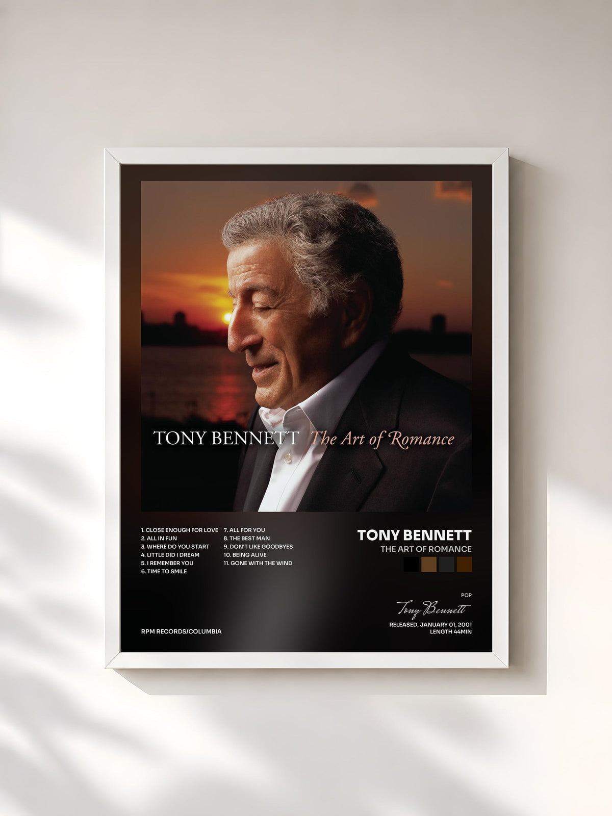 #blanc Tableau de l'album The Art Of Romance de Tony Bennett, cadre blanc, imprimé et encadré en France