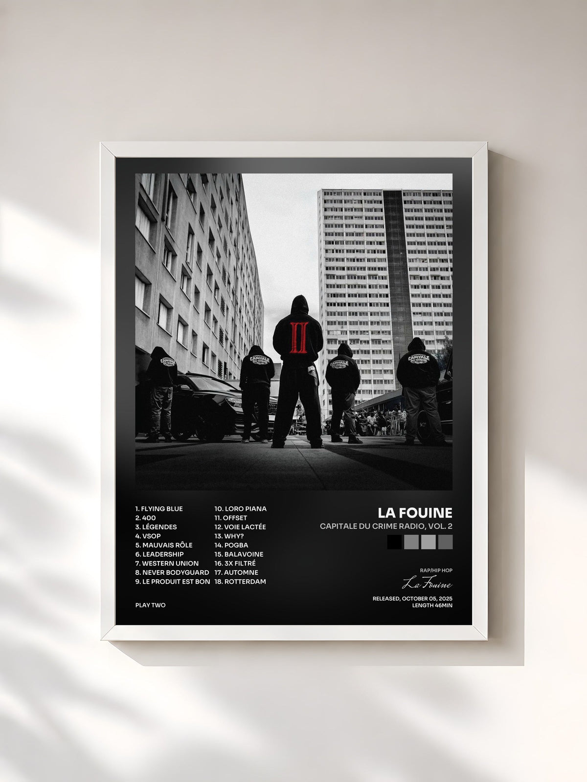 #blanc Tableau de l'album CAPITALE DU CRIME RADIO, vol. 2 de La Fouine, cadre blanc, imprimé et encadré en France