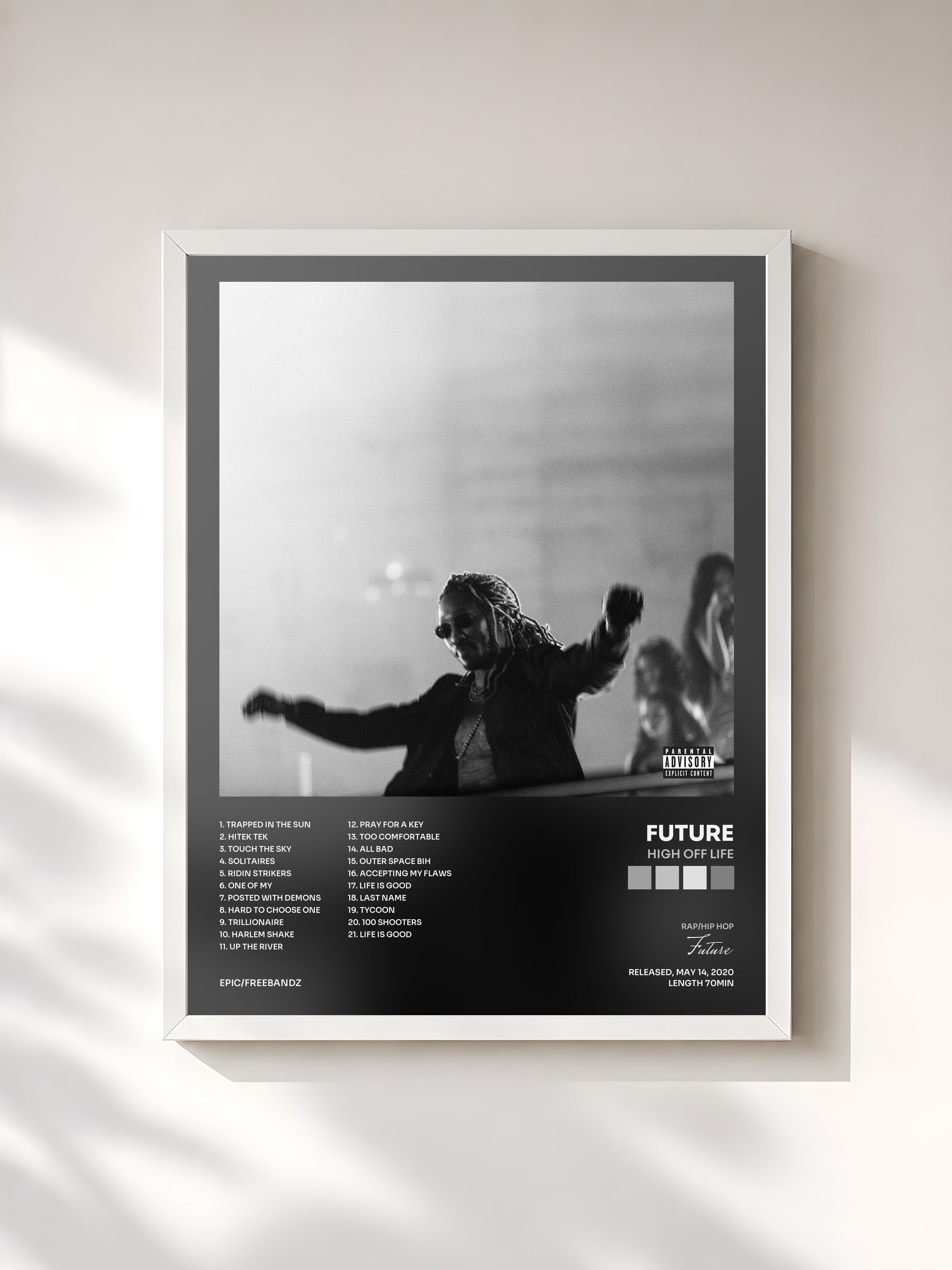 #blanc Tableau de l'album High Off Life de Future, cadre blanc, imprimé et encadré en France