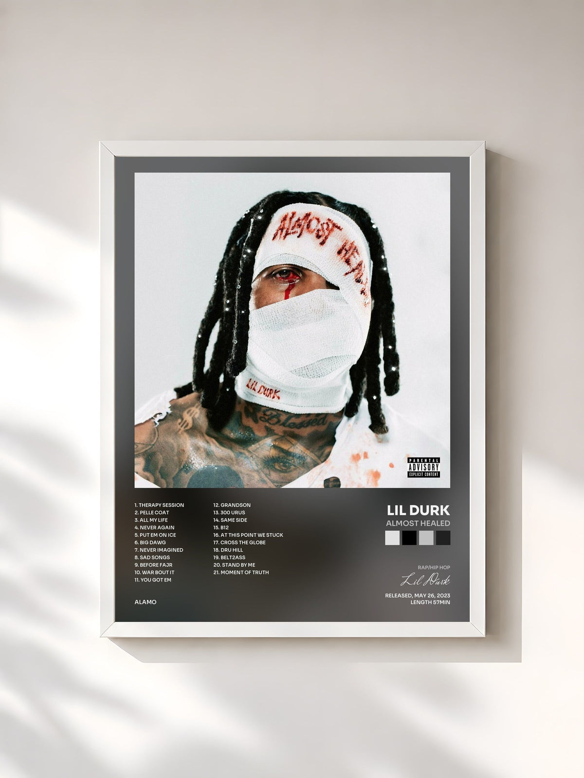 #blanc Tableau de l'album Almost Healed de Lil Durk, cadre blanc, imprimé et encadré en France