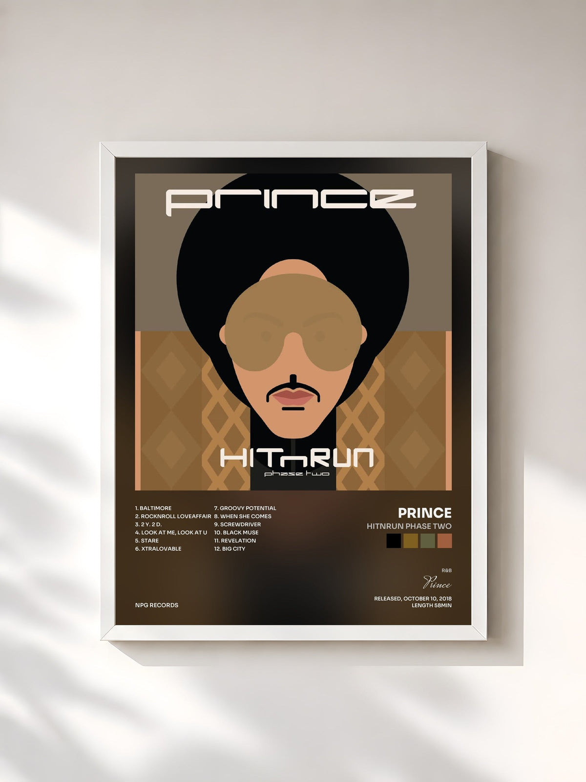 #blanc Tableau de l'album HITNRUN Phase Two de Prince, cadre blanc, imprimé et encadré en France
