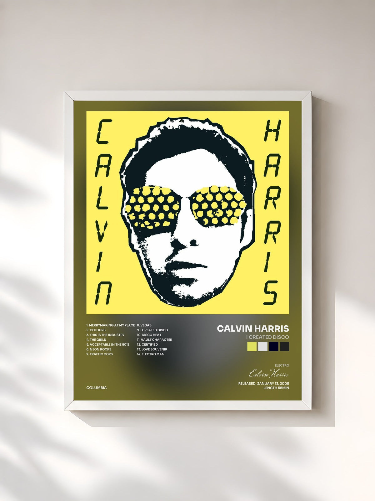 #blanc Tableau de l'album I Created Disco de Calvin Harris, cadre blanc, imprimé et encadré en France
