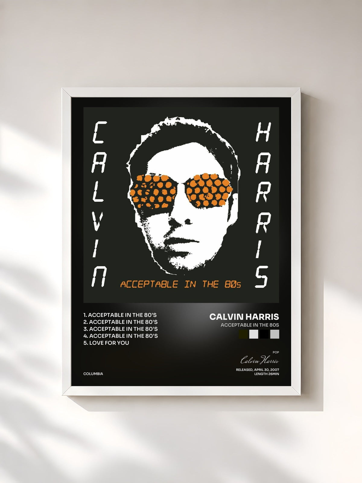 #blanc Tableau de l'album Acceptable In The 80s de Calvin Harris, cadre blanc, imprimé et encadré en France