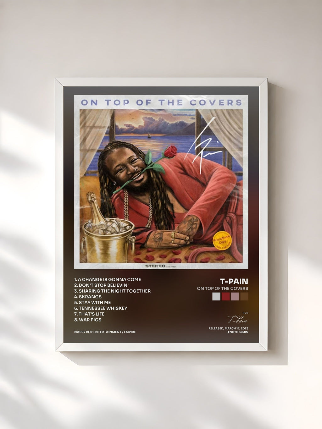 #blanc Tableau de l'album On Top of The Covers de T-Pain, cadre blanc, imprimé et encadré en France