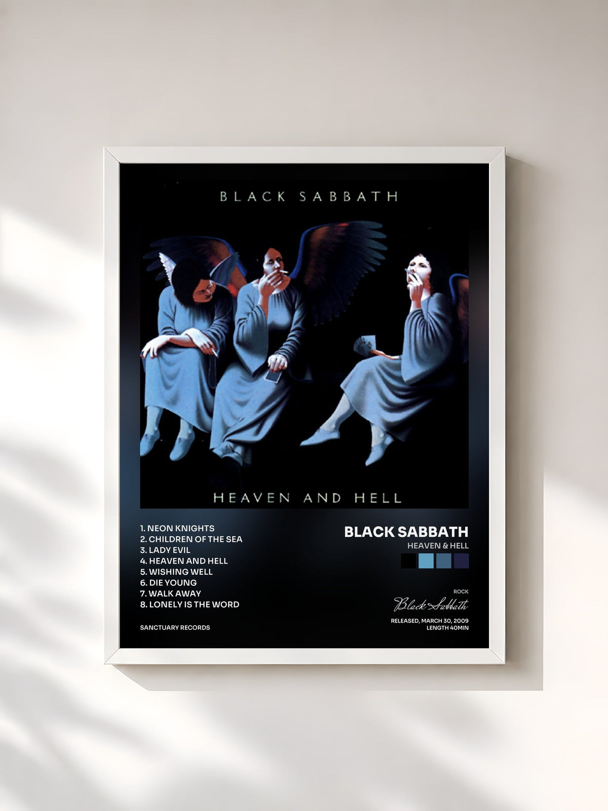 #blanc Tableau de l'album Heaven & Hell de Black Sabbath, cadre blanc, imprimé et encadré en France