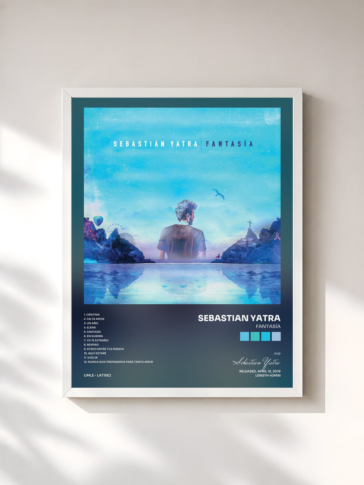 #blanc FANTASÍA by Sebastian Yatra as a framed art print, white frame, printed and framed in France