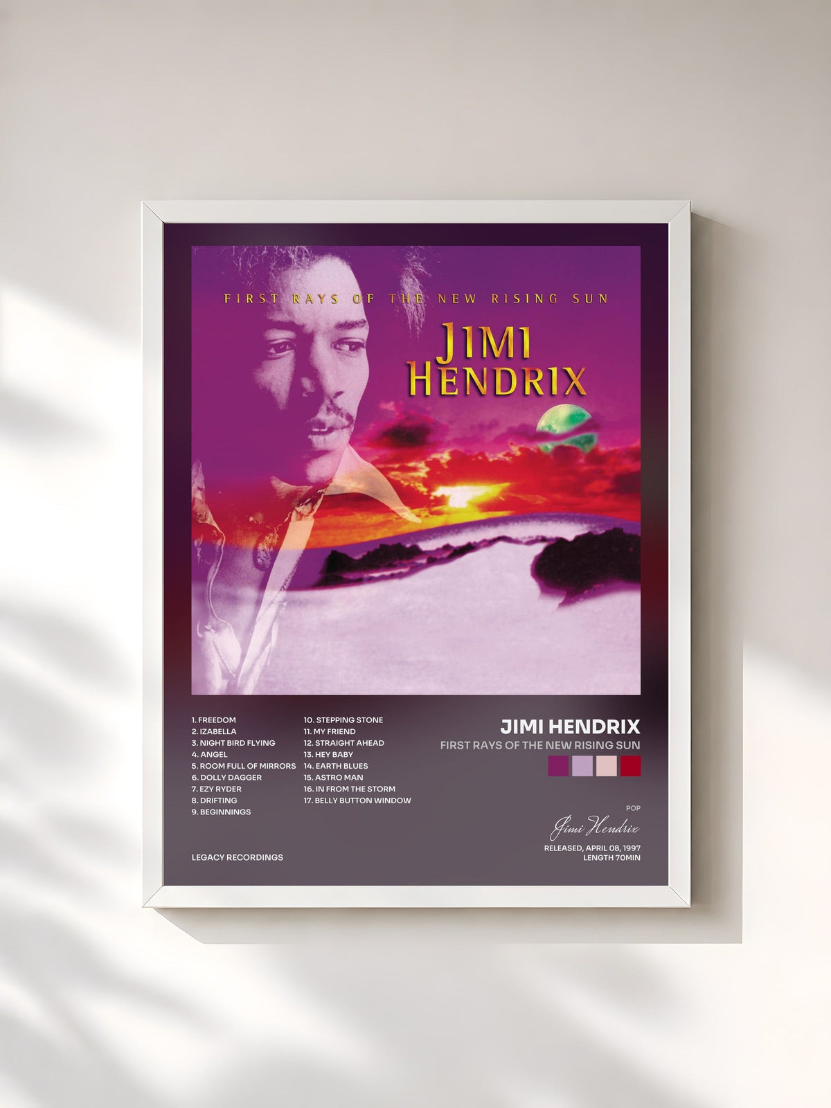 #blanc Tableau de l'album First Rays Of The New Rising Sun de Jimi Hendrix, cadre blanc, imprimé et encadré en France