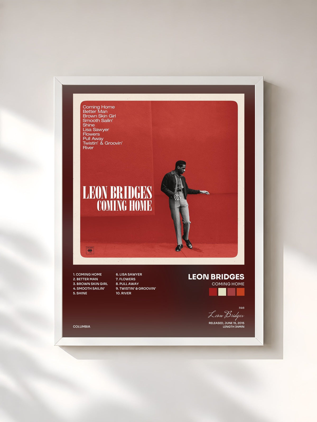 #blanc Tableau de l'album Coming Home de Leon Bridges, cadre blanc, imprimé et encadré en France